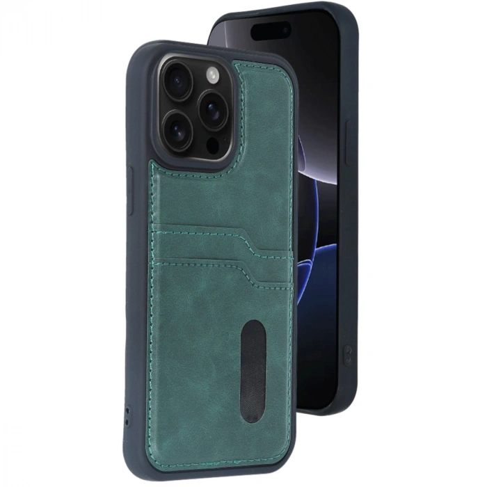 İphone 14 Pro Max Kılıf Sara Kartvizitli Deri Kılıf - Koyu Yeşil