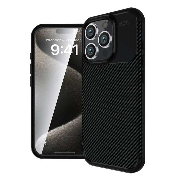 İphone 16 Pro Kılıf Auto Focus Karbon Kapak - Siyah