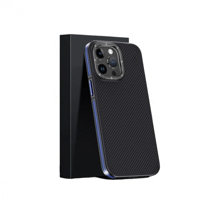 Joko Apple İphone 15 Pro Max Kılıf Aramid 600d Kevlar Karbon Fiber Magsafe Kapak - Lacivert