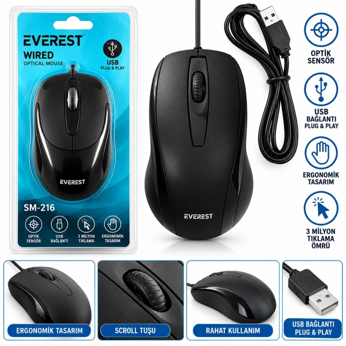 Kablolu Usb - Işıklı Siyah Optical Mouse 1200 Dpı Sm-216 (5580)