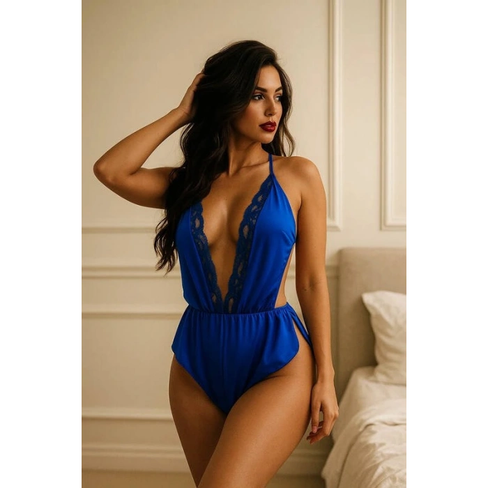 Kadın Mavi Dantelli Derin V Dekolteli Babydoll