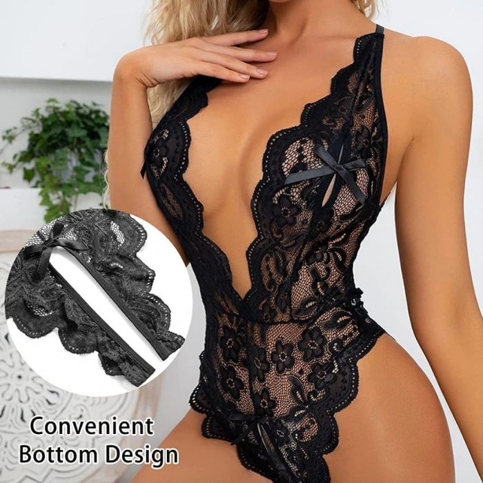 Kadın Siyah Dantel Derin Dekolteli Babydoll