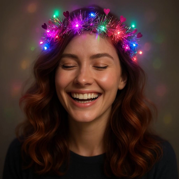 Kalp Püsküllü Gece Parıltısı 3 Modlu Led39li Işıklı Taç Fuşya Renk