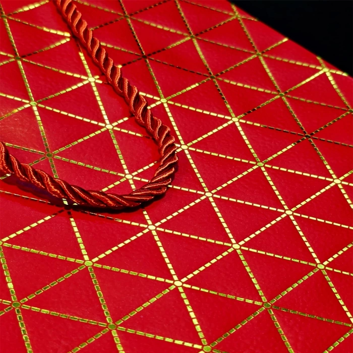 Kırmızı Geometrik Desenli Orta Boy Karton Hediye Çantası