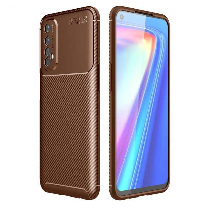 Realme 7 Kılıf Auto Focus Karbon Kapak - Kahverengi