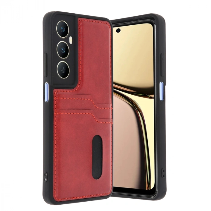 Realme C65 Sara Kartvizitli Deri Kılıf - Kırmızı