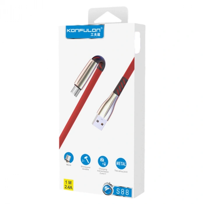 S88 Metal Uçlu Micro Usb Kablo 1m 2.4a - Kırmızı