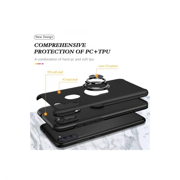 Samsung Galaxy A11 Kılıf Elit Yüzüklü Kapak - Siyah