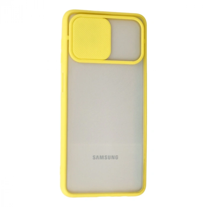 Samsung Galaxy A12 Kılıf Palm Buzlu Kamera Sürgülü Silikon - Sarı
