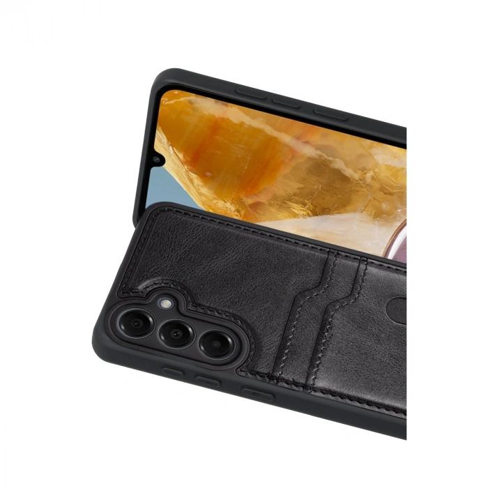 Samsung Galaxy M15 Sara Kartvizitli Deri Kılıf - Siyah