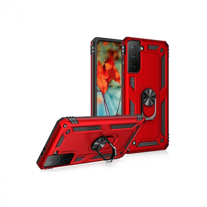 Samsung Galaxy S21 Kılıf Sofya Yüzüklü Silikon Kapak - Kırmızı
