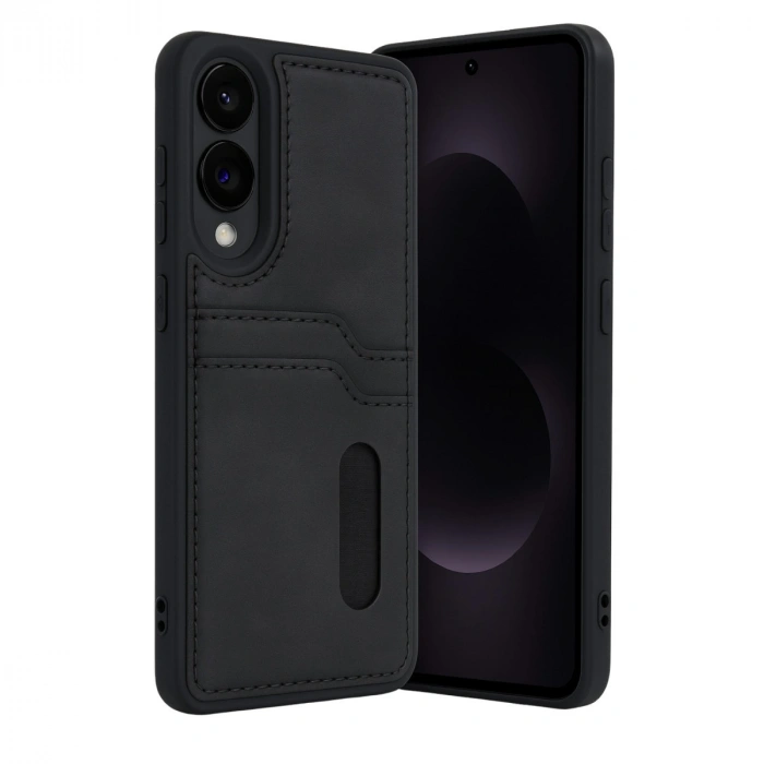 Samsung Galaxy S25 Edge Sara Kartvizitli Deri Kılıf - Siyah