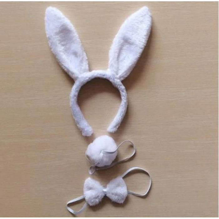 Tavşan Kostüm Seti Taç Papyon Kuyruk Beyaz Renk