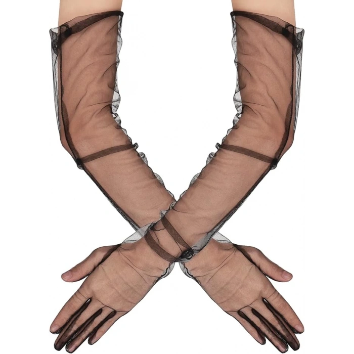 Uzun Boy Likralı Siyah Yetişkin Mega Tül Eldiven