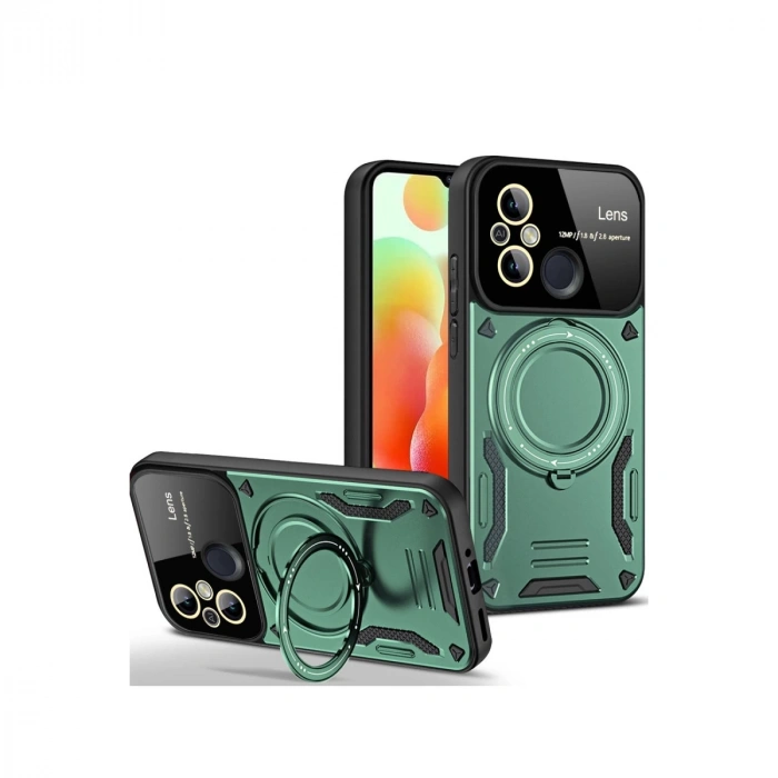Xiaomi Redmi 12c Kılıf Joy Lens Standlı Kapak - Koyu Yeşil