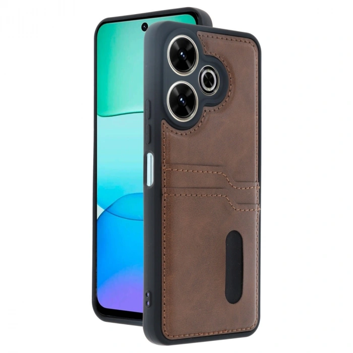 Xiaomi Redmi 13 4g Kılıf Sara Kartvizitli Deri Kılıf - Taba