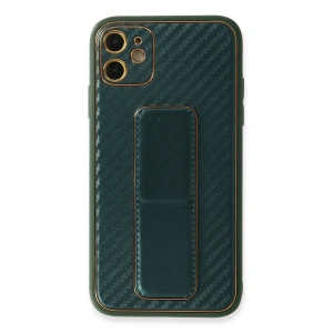 Apple İphone 12 Kılıf Coco Karbon Standlı Kapak - Yeşil