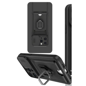 Apple İphone 15 Pro Kılıf Zuma Kartvizitli Yüzüklü Silikon - Siyah