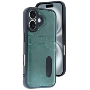 Apple İphone 16 Kılıf Sara Kartvizitli Deri Kılıf - Koyu Yeşil