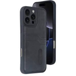 Apple İphone 16 Pro Kılıf Sara Kartvizitli Deri Kılıf - Siyah