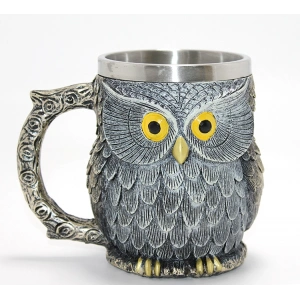 Bilge Baykuş Figürlü 3D Kabartmalı Paslanmaz Çelik Kupa Bardak
