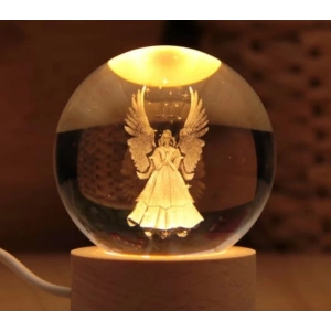 Dekoratif Kanatlı Melek Tasarımlı Ahşap Altlıklı Işıklı Cam Küre Cam:6cm Ahşap:2cm
