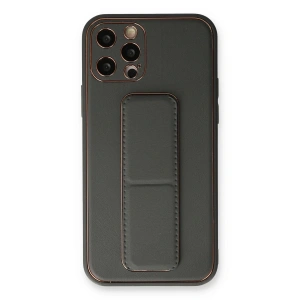 İphone 12 Pro Kılıf Coco Deri Standlı Kapak - Füme