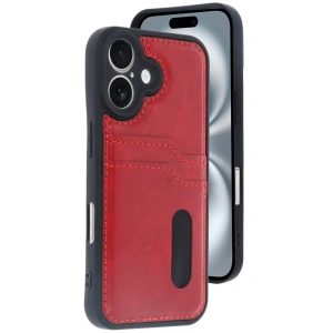 İphone 16 Kılıf Sara Kartvizitli Deri Kılıf - Kırmızı