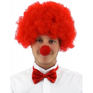 Kırmızı Renk Kıvırcık Afro Bonus Peruk Takma Saç Ve Kırmızı Burun Seti