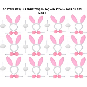 Pembe Tavşan Kostüm Seti – Taç, Papyon, Ponpon (12’li Paket)