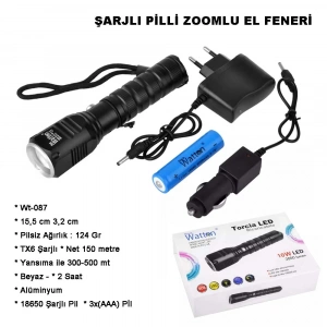 Şarjlı Pilli Zoomlu El Feneri  Wt-087