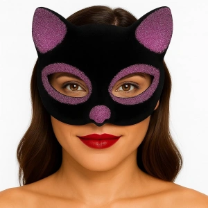 Siyah Renk Pembe Simli Süet Kaplama Kedi Maskesi 18x14 Cm