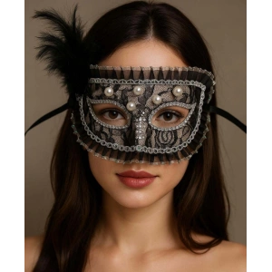 Siyah Renk Yandan Tüylü İnci İşlemeli Taşlı Dantelli Parti Maskesi 17x12 Cm