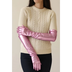 Uzun Boy Ekstra Parlak Saten Eldiven Pembe Renk