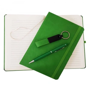 Yeşil Termo Deri Defter, Kalem ve Anahtarlık Seti