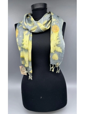 MAVİ ÜZERİNE SARI DESENLİ EL DOKUMA BÜRÜMCÜK İPEK ECOPRİNT ŞAL