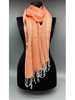 HASIR DESENLİ İPEK, ÇİZGİLİ, AÇIK TURUNCU ŞAL