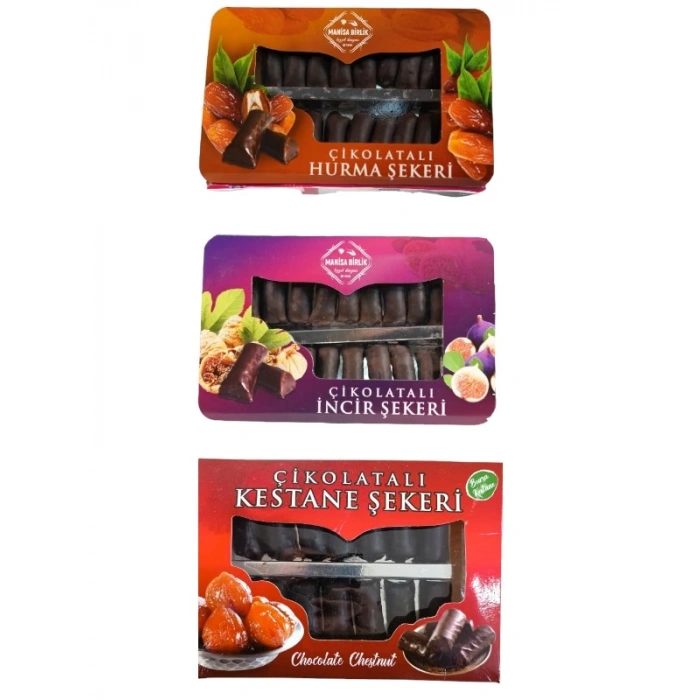 Çikolatalı Hurma Şekeri 250 Gr + Çikolatalı İncir Şekeri 250 Gr + Çikolatalı Kestane Şekeri 250 Gr