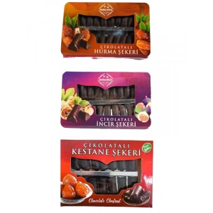 Çikolatalı Hurma Şekeri 250 Gr + Çikolatalı İncir Şekeri 250 Gr + Çikolatalı Kestane Şekeri 250 Gr