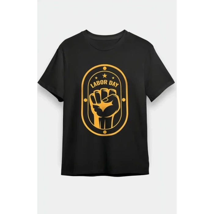 1 ayıs abor Day Emekçi Temalı Baskılı Oversize Bisiklet Yaka Tshirt  iyah