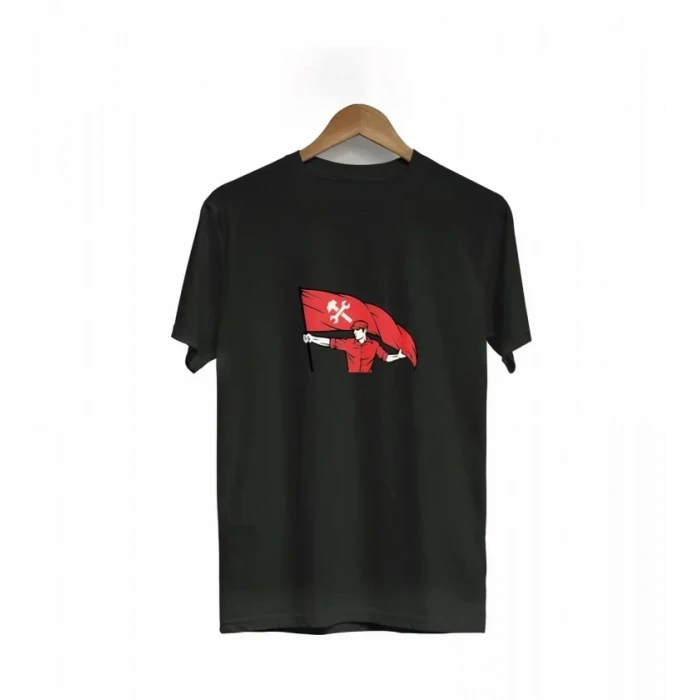 1 ayıs Emek Ve Dayanışma Bayraklı Emekçi Baskılı Bisiklet Yaka Tshirt  iyah