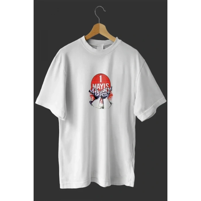 1 ayıs Emek Ve Dayanışma Günü Baskılı Oversize Bisiklet Yaka Tshirt  Beyaz