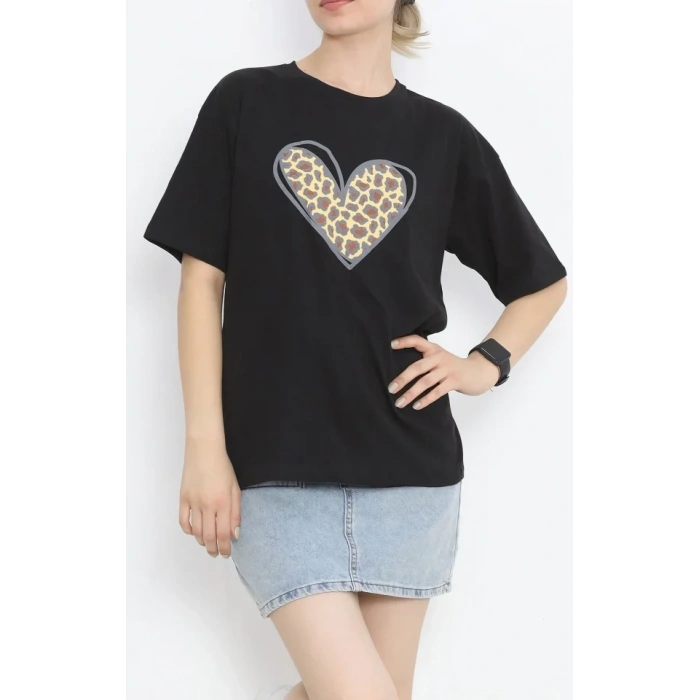 14 Şubat evgililer Günü eopar Kalp Baskılı Oversize Bisiklet Yaka Tshirt  iyah