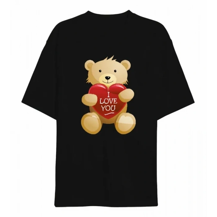 14 Şubat evgililer Günü I ove You Ayı Baskılı Oversize Bisiklet Yaka Tshirt  iyah