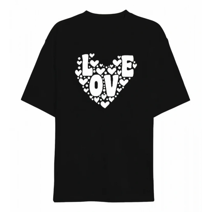 14 Şubat evgililer Günü ove Kalp Baskılı Oversize Bisiklet Yaka Tshirt  iyah