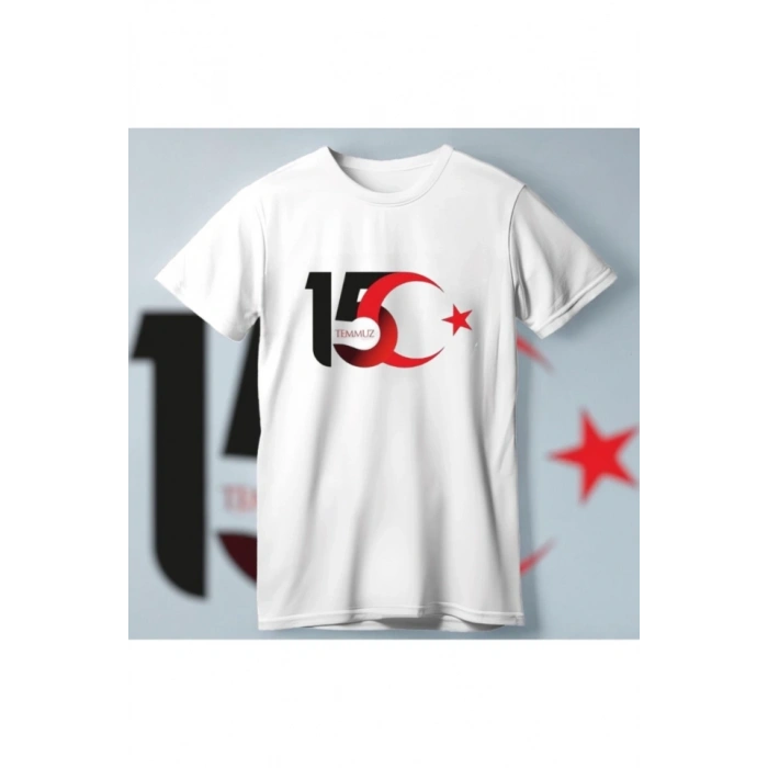 15 Temmuza Özel Tasarım Ay Yıldız Baskılı Tshirt  Beyaz