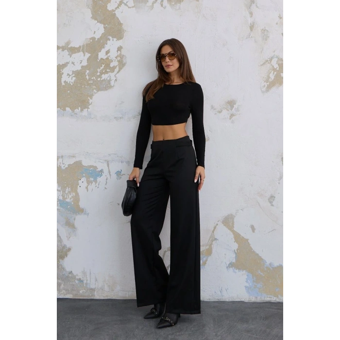 220 Gr Ni̇kol Yüksek Bel Arka Apolet Kemer Detayli Palazzo Pantolon