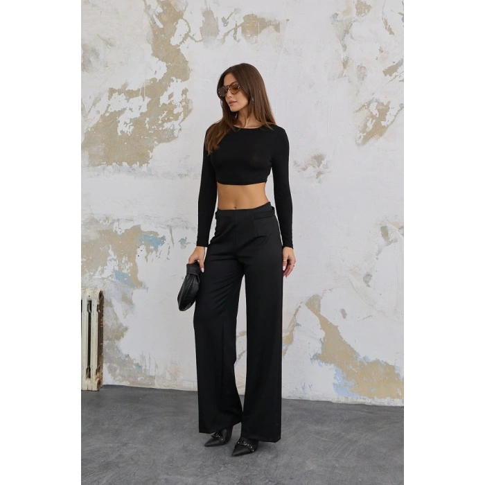 220 Gr Ni̇kol Yüksek Bel Arka Apolet Kemer Detayli Palazzo Pantolon