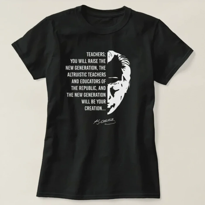 24 Kasım Öğretmenler Günü Temalı Baskılı Bisiklet Yaka Tshirt  iyah