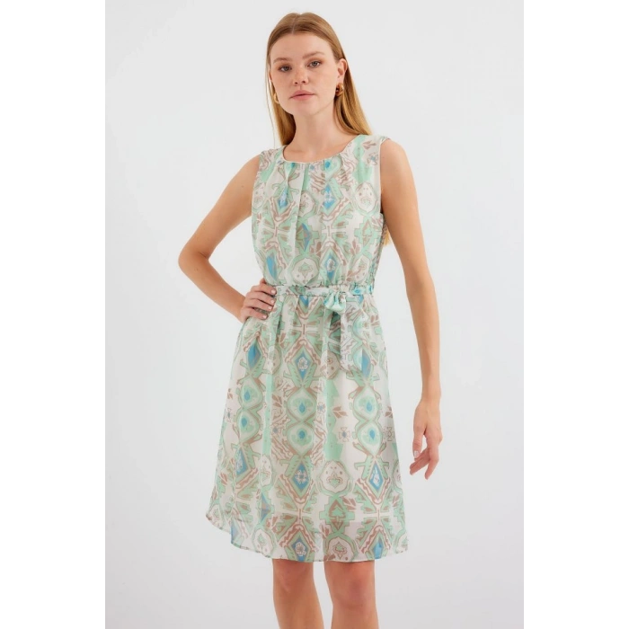 2501 Desenli Sıfır Kol Şifon Elbise  Mint